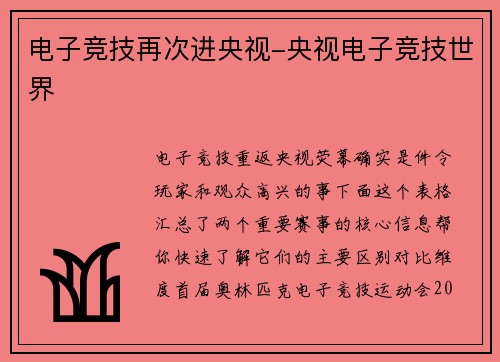 电子竞技再次进央视-央视电子竞技世界
